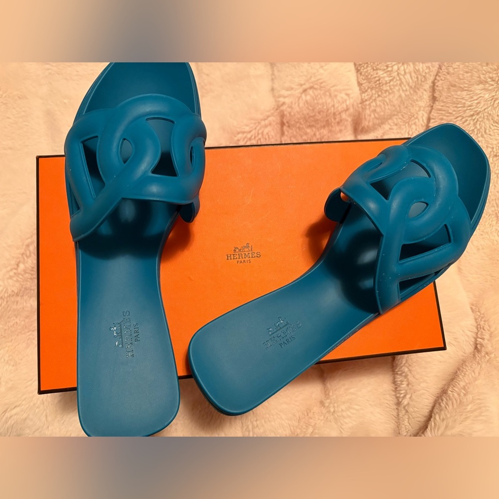 Hermes Teal Aloha Rubber Slide Sandals
